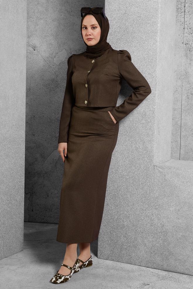 Vêtements hijab BRUN COSTUME À JUPE BOUTONNEE 45278 - ALVİNA
