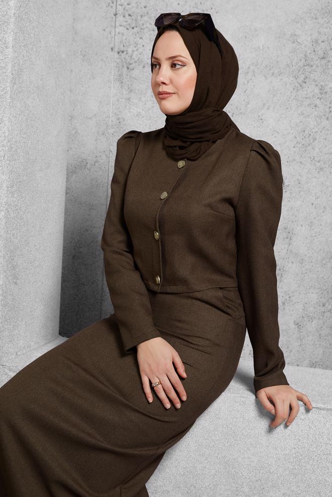Vêtements hijab BRUN COSTUME À JUPE BOUTONNEE 45278 - ALVİNA