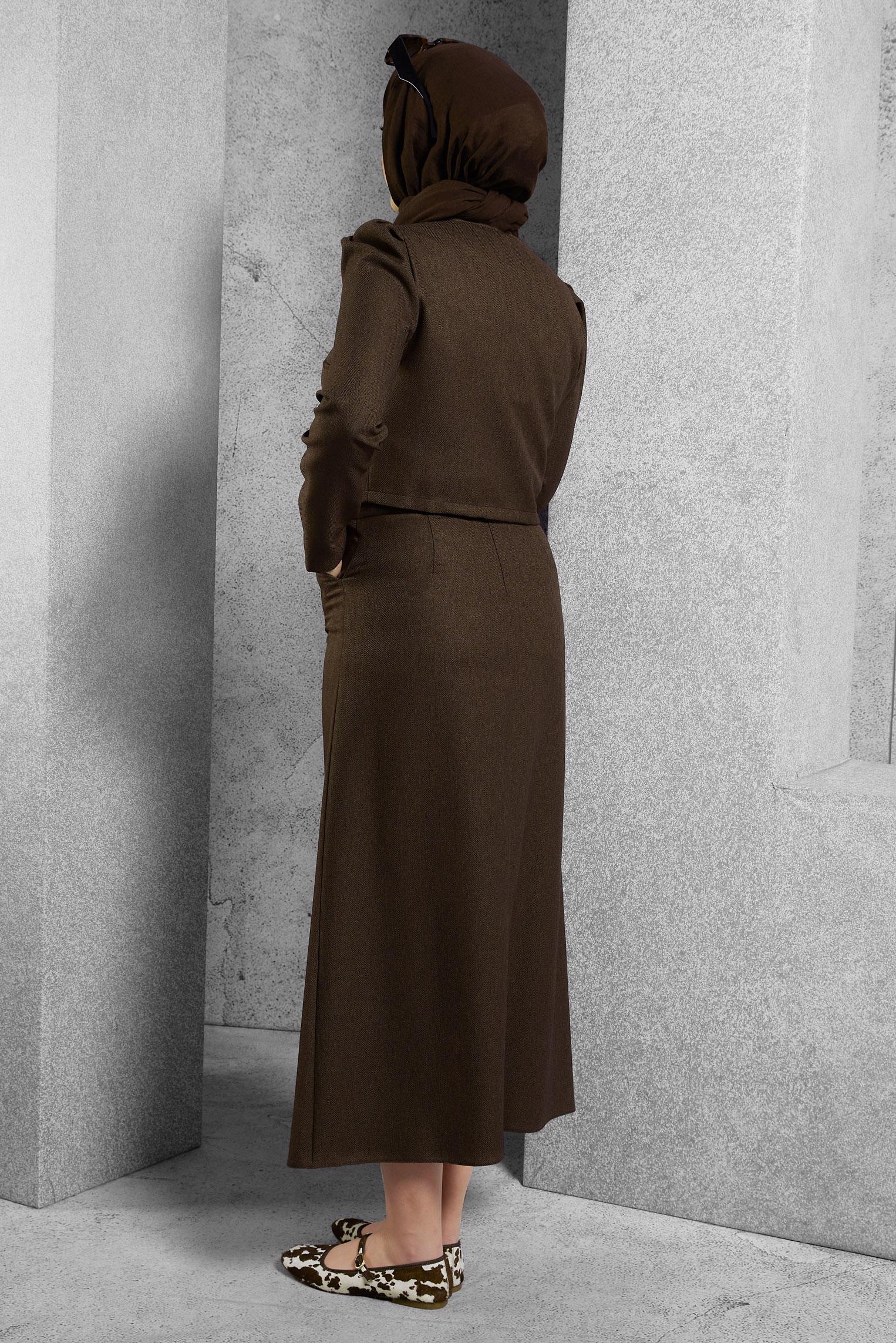 Tesettür giyim KAHVE DÜĞMELİ ETEKLİ TAKIM 45278