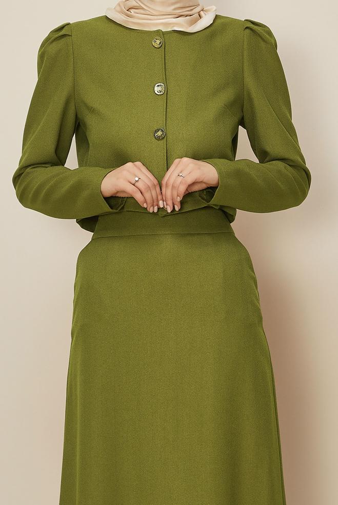 Tesettür giyim YEŞİL DÜĞMELİ ETEKLİ TAKIM 45278 - ALVİNA