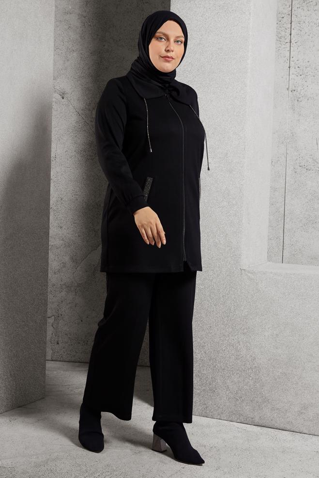 Tesettür giyim SİYAH FERMUARLI PANTOLONLU TAKIM 20646 - ALVİNA