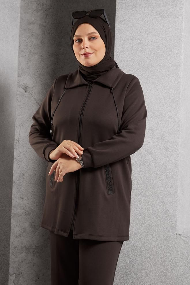 Tesettür giyim KAHVE FERMUARLI PANTOLONLU TAKIM 20646 - ALVİNA
