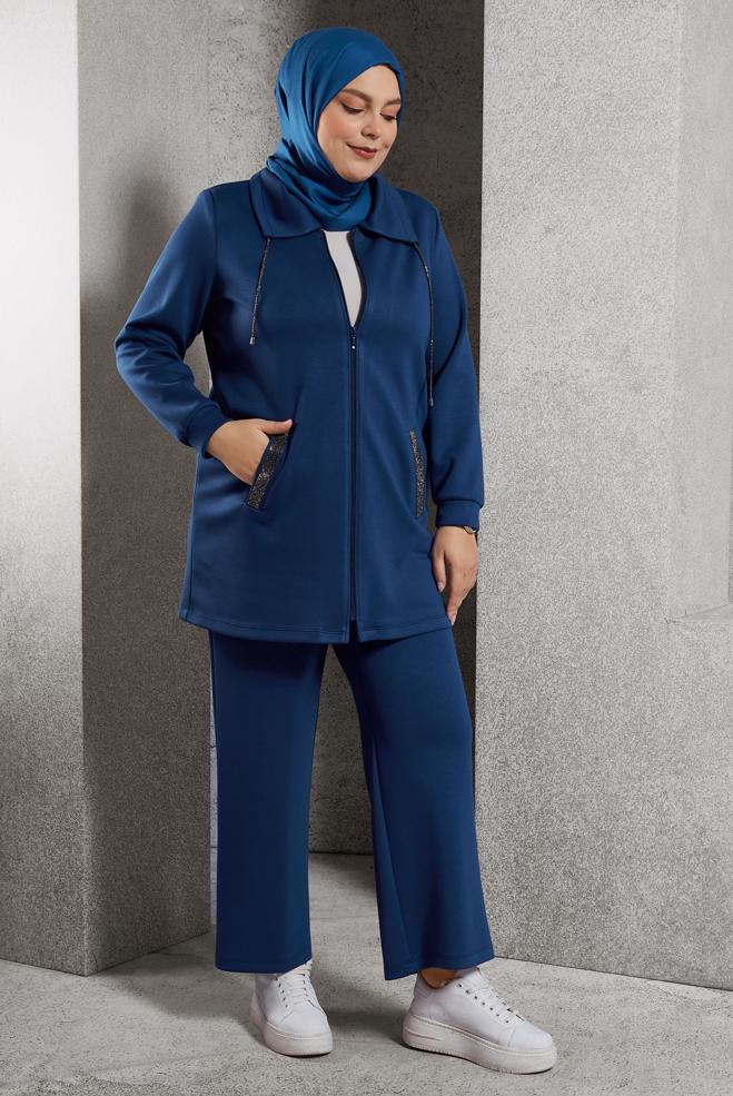 Vêtements hijab BLEU MARINE COMBINAISON PANTALON À FERMETURE ÉCLAIR 20646 - ALVİNA