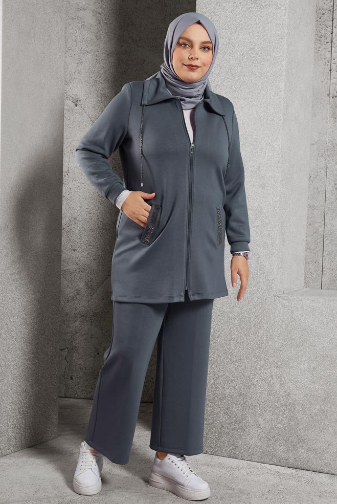 Vêtements hijab GRIS COMBINAISON PANTALON À FERMETURE ÉCLAIR 20646 - ALVİNA