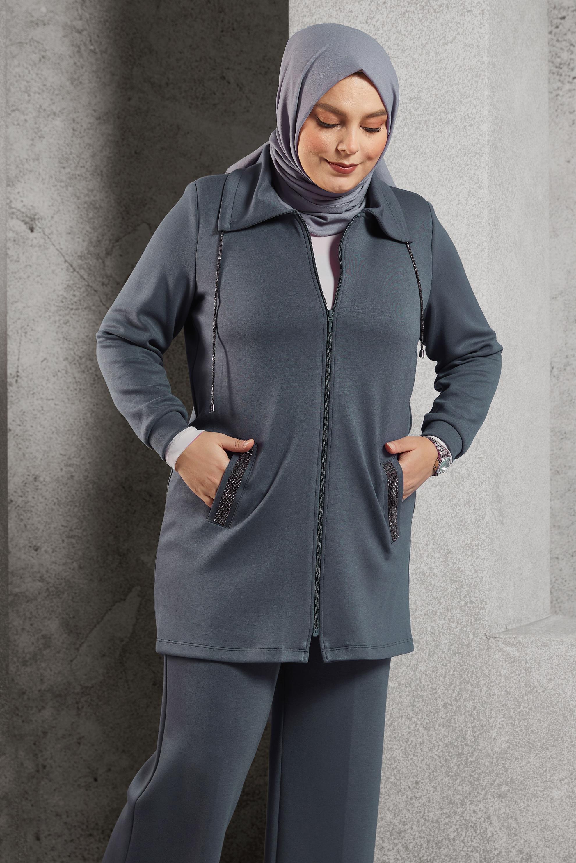 Tesettür giyim GRİ FERMUARLI PANTOLONLU TAKIM 20646