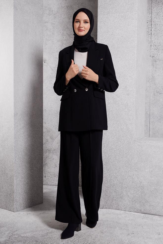 Tesettür giyim SİYAH KRUVAZE YAKA PANTOLONLU TAKIM 30504 - ALVİNA