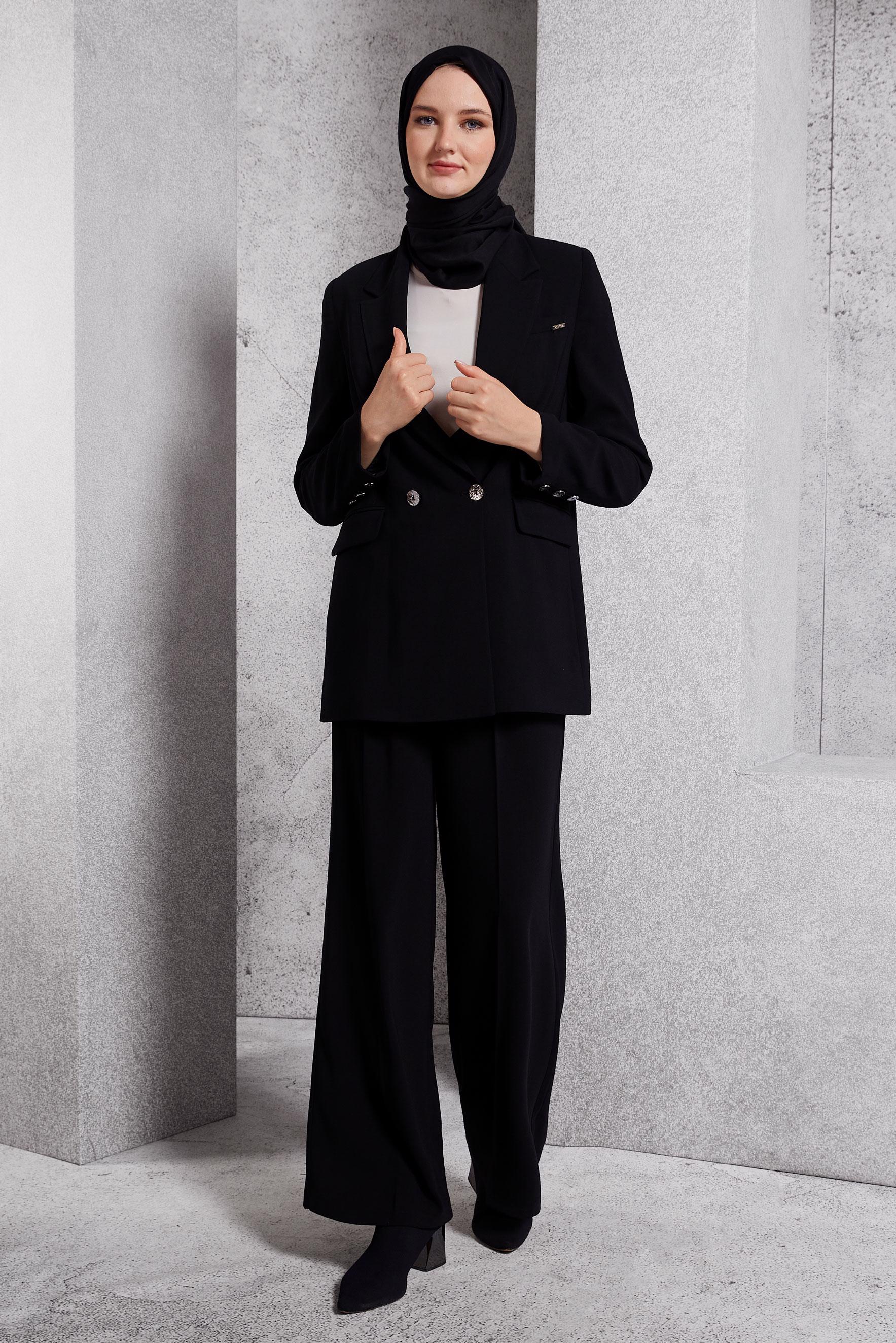Tesettür giyim SİYAH KRUVAZE YAKA PANTOLONLU TAKIM 30504