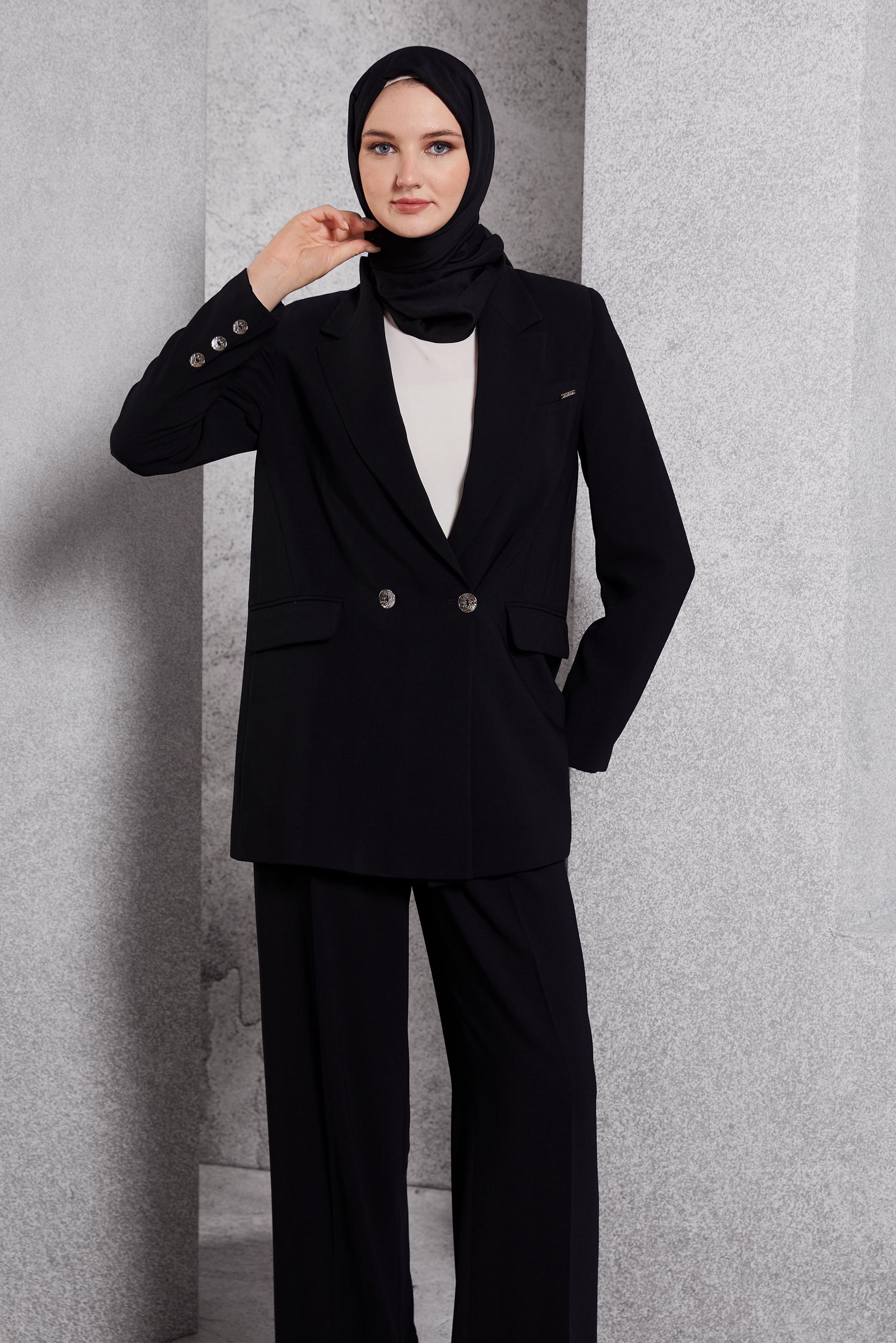 Tesettür giyim SİYAH KRUVAZE YAKA PANTOLONLU TAKIM 30504