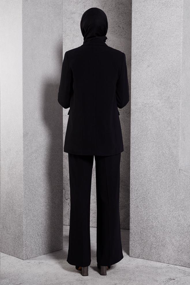 Tesettür giyim SİYAH KRUVAZE YAKA PANTOLONLU TAKIM 30504 - ALVİNA
