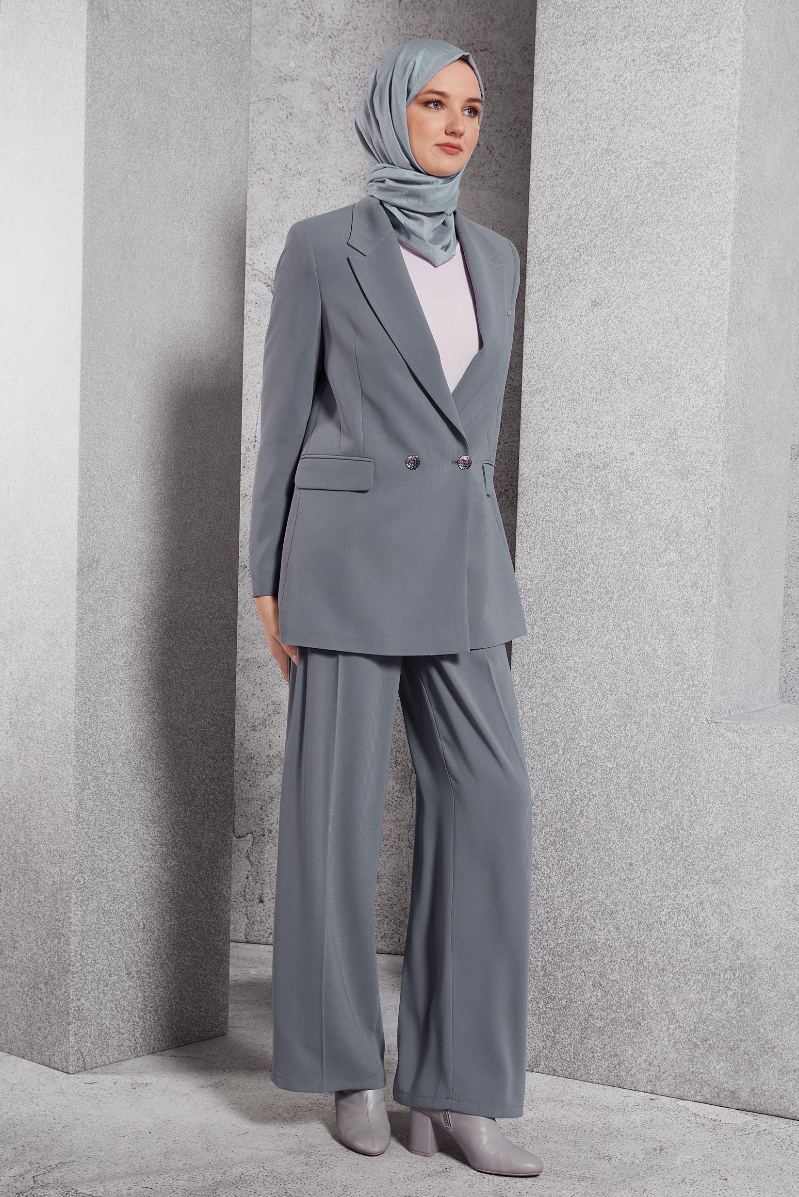 Vêtements hijab GRIS COSTUME PANTALON À DOUBLE BOUTONNAGE 30504