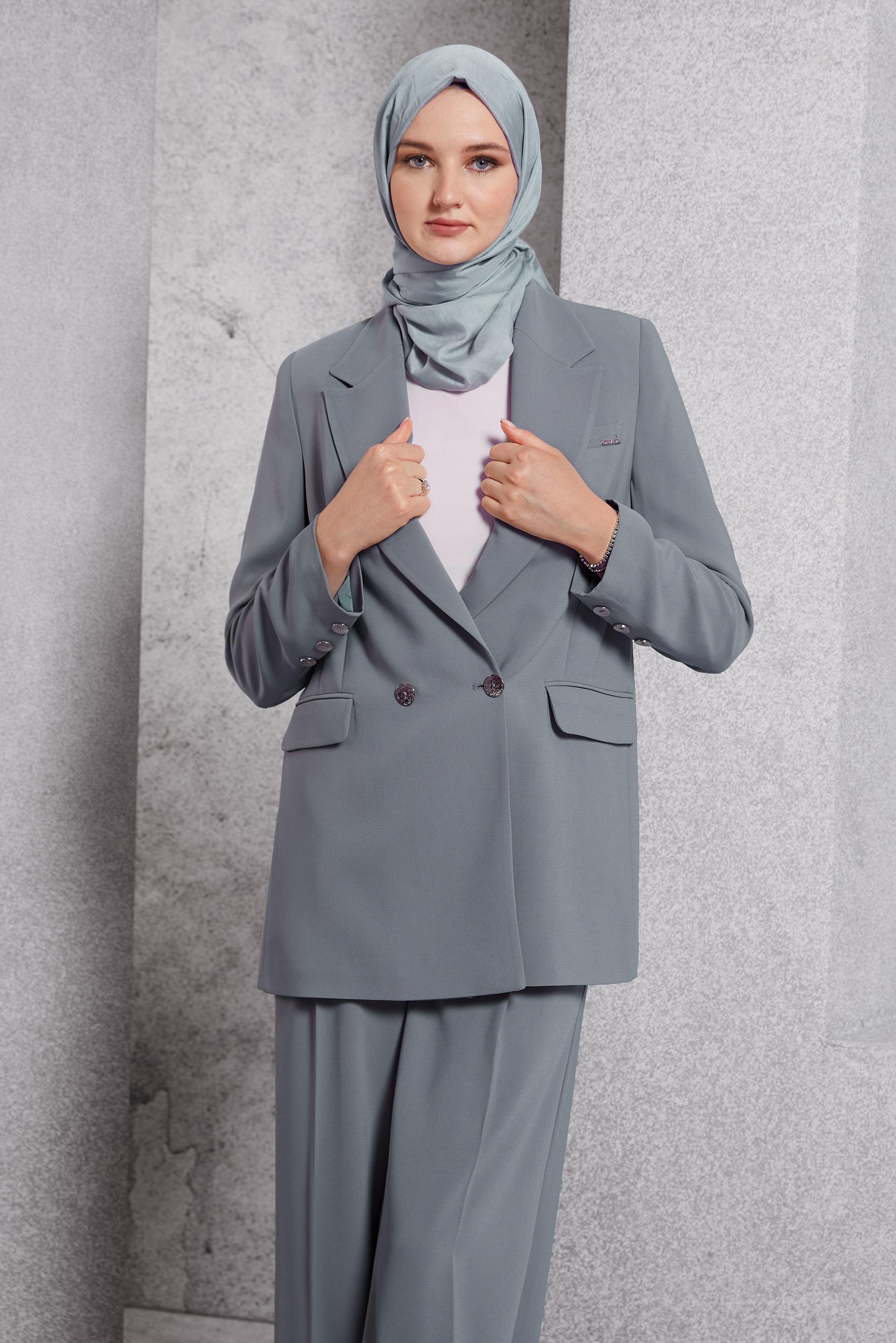 Vêtements hijab GRIS COSTUME PANTALON À DOUBLE BOUTONNAGE 30504