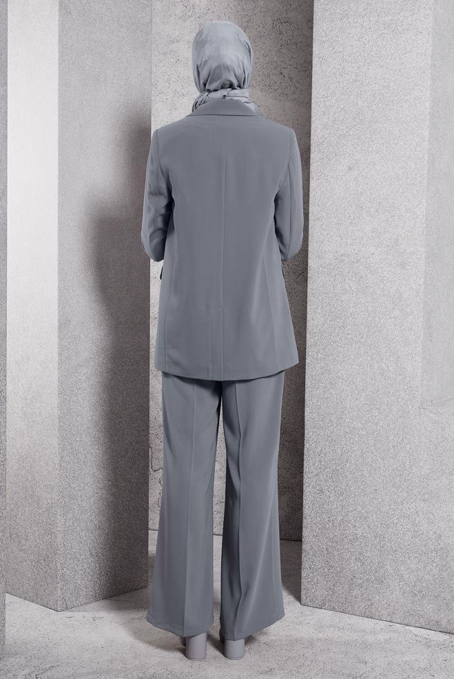 Tesettür giyim GRİ KRUVAZE YAKA PANTOLONLU TAKIM 30504 - ALVİNA