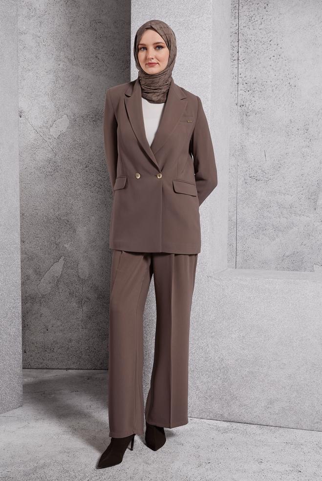 Tesettür giyim VİZON KRUVAZE YAKA PANTOLONLU TAKIM 30504 - ALVİNA