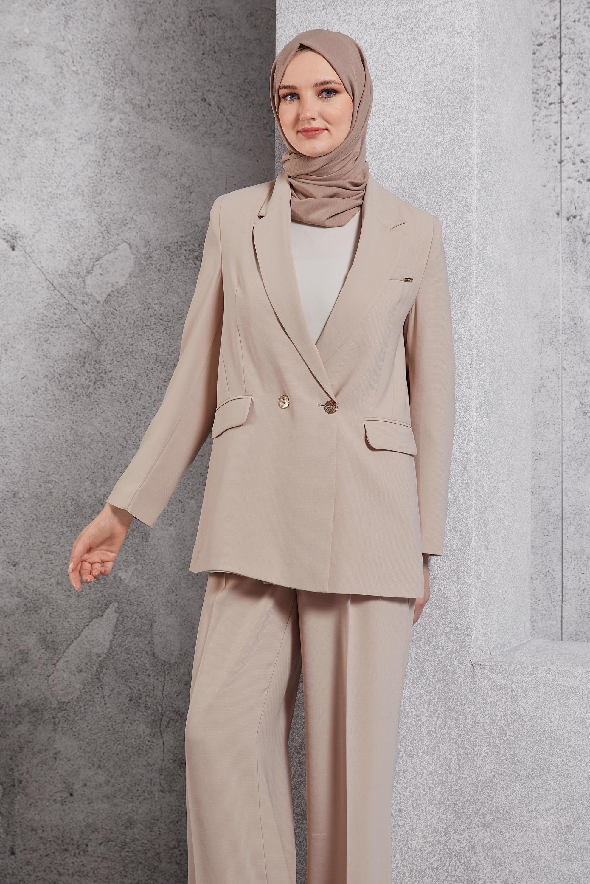 Vêtements hijab BEIGE COSTUME PANTALON À DOUBLE BOUTONNAGE 30504