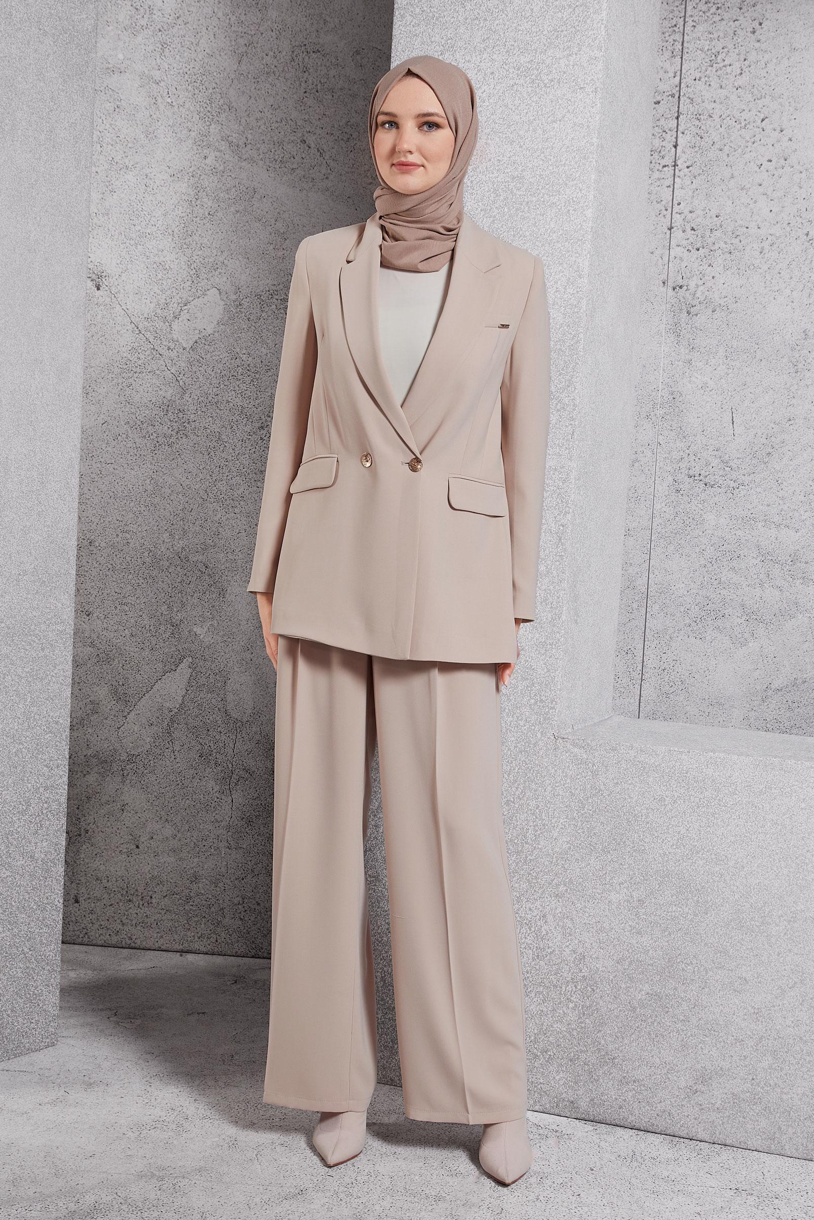 Vêtements hijab BEIGE COSTUME PANTALON À DOUBLE BOUTONNAGE 30504
