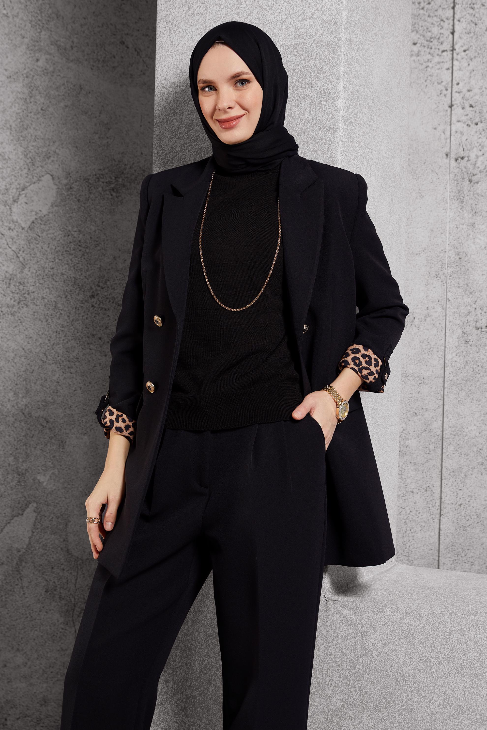 Tesettür giyim SİYAH KRUVAZE YAKA PANTOLONLU TAKIM 30508