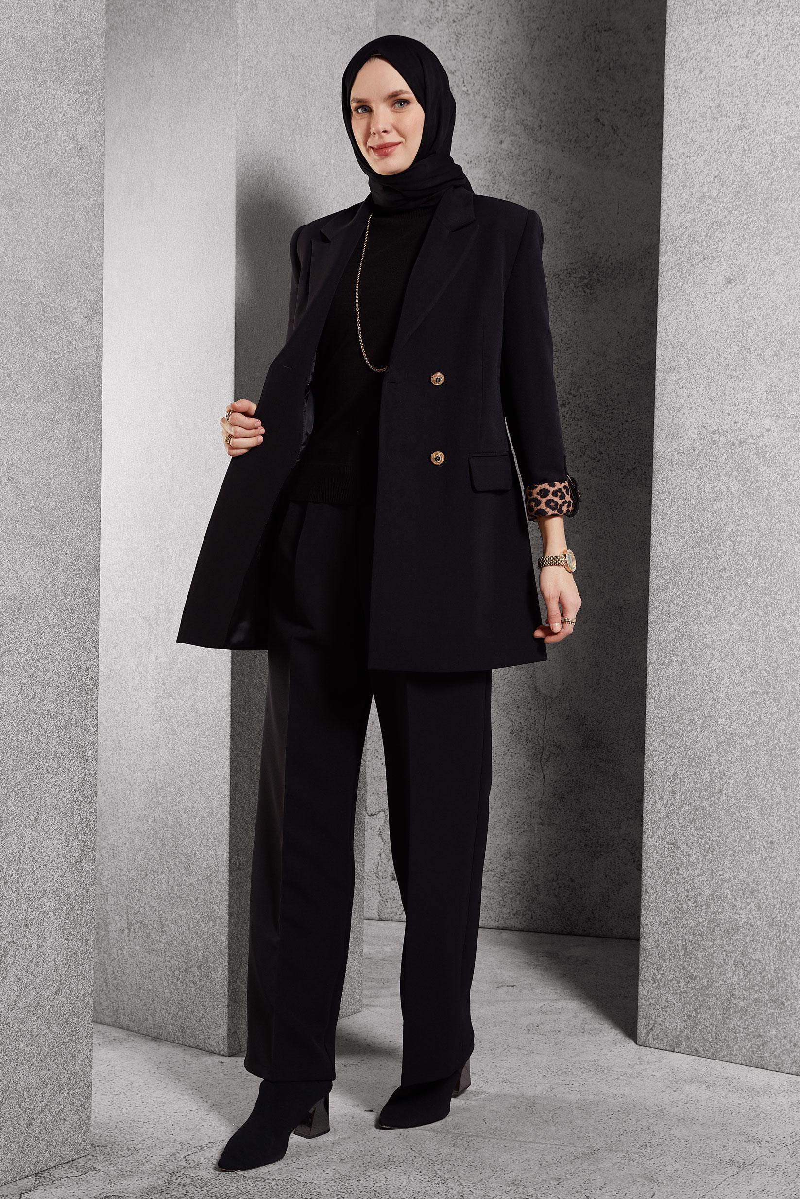 Tesettür giyim SİYAH KRUVAZE YAKA PANTOLONLU TAKIM 30508