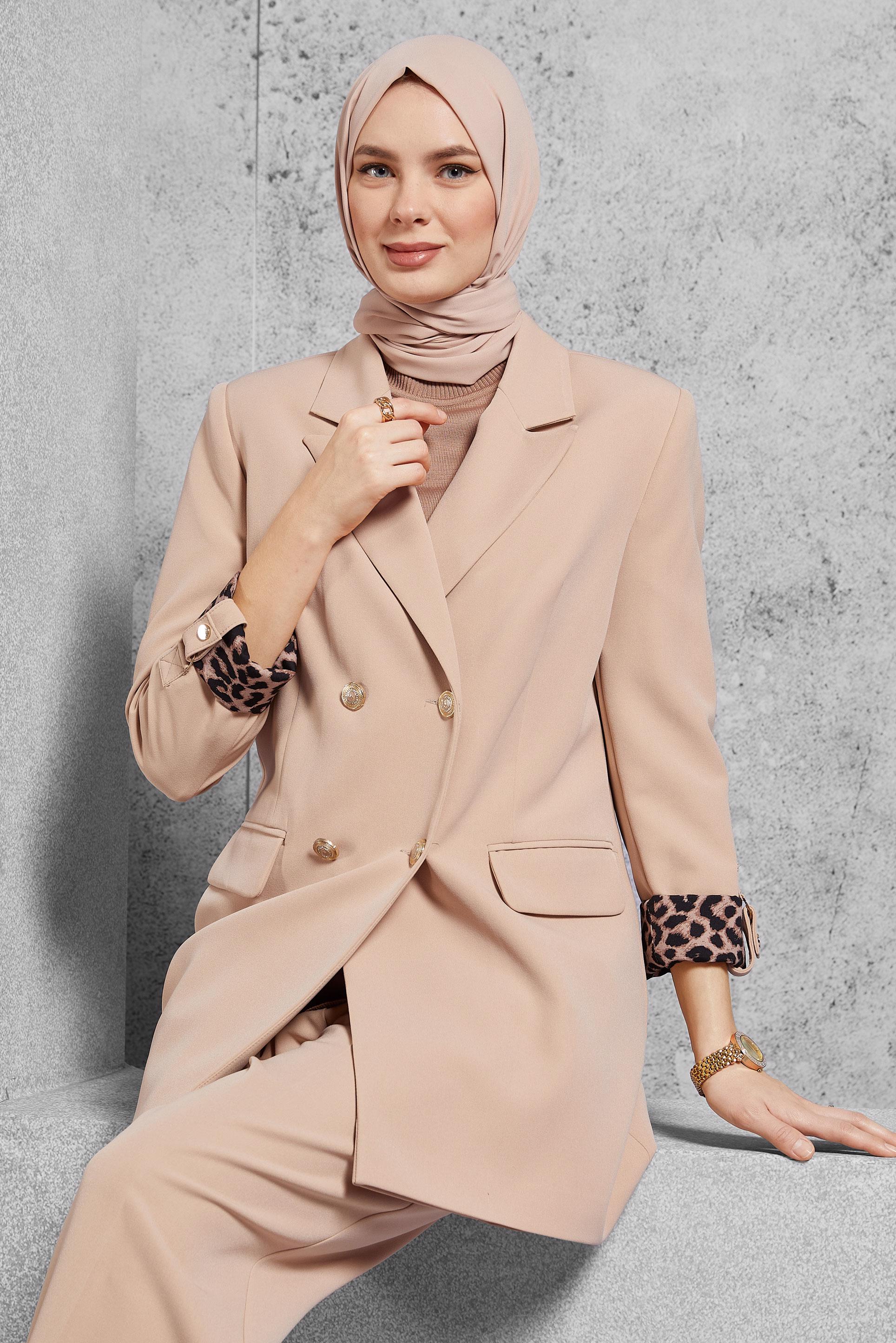 Tesettür giyim BEJ KRUVAZE YAKA PANTOLONLU TAKIM 30508