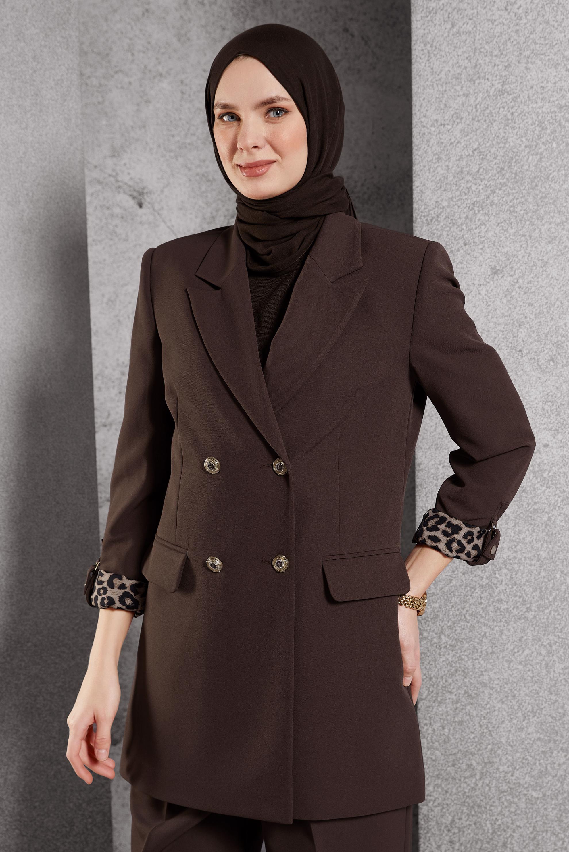 Tesettür giyim KAHVE KRUVAZE YAKA PANTOLONLU TAKIM 30508