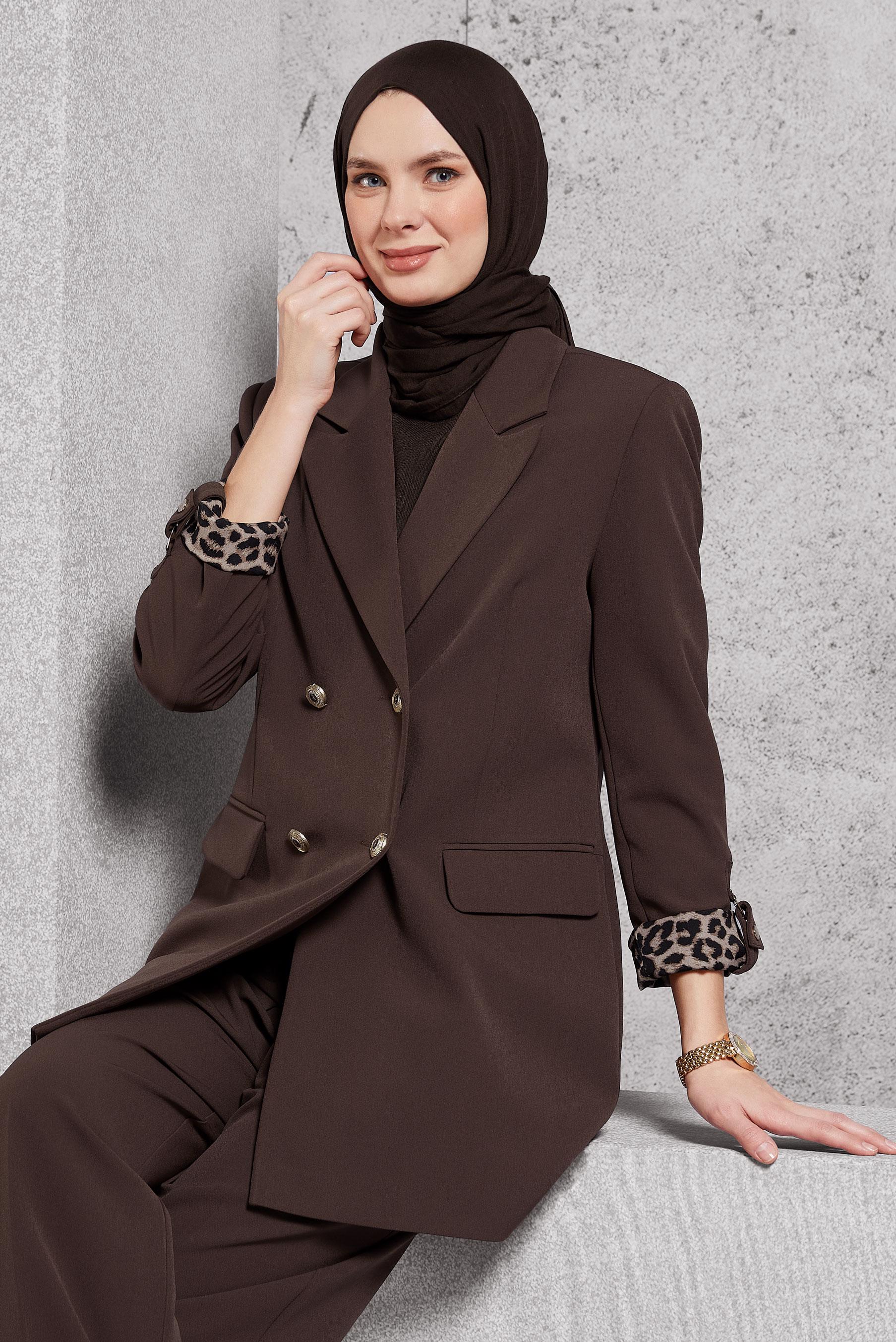 Tesettür giyim KAHVE KRUVAZE YAKA PANTOLONLU TAKIM 30508