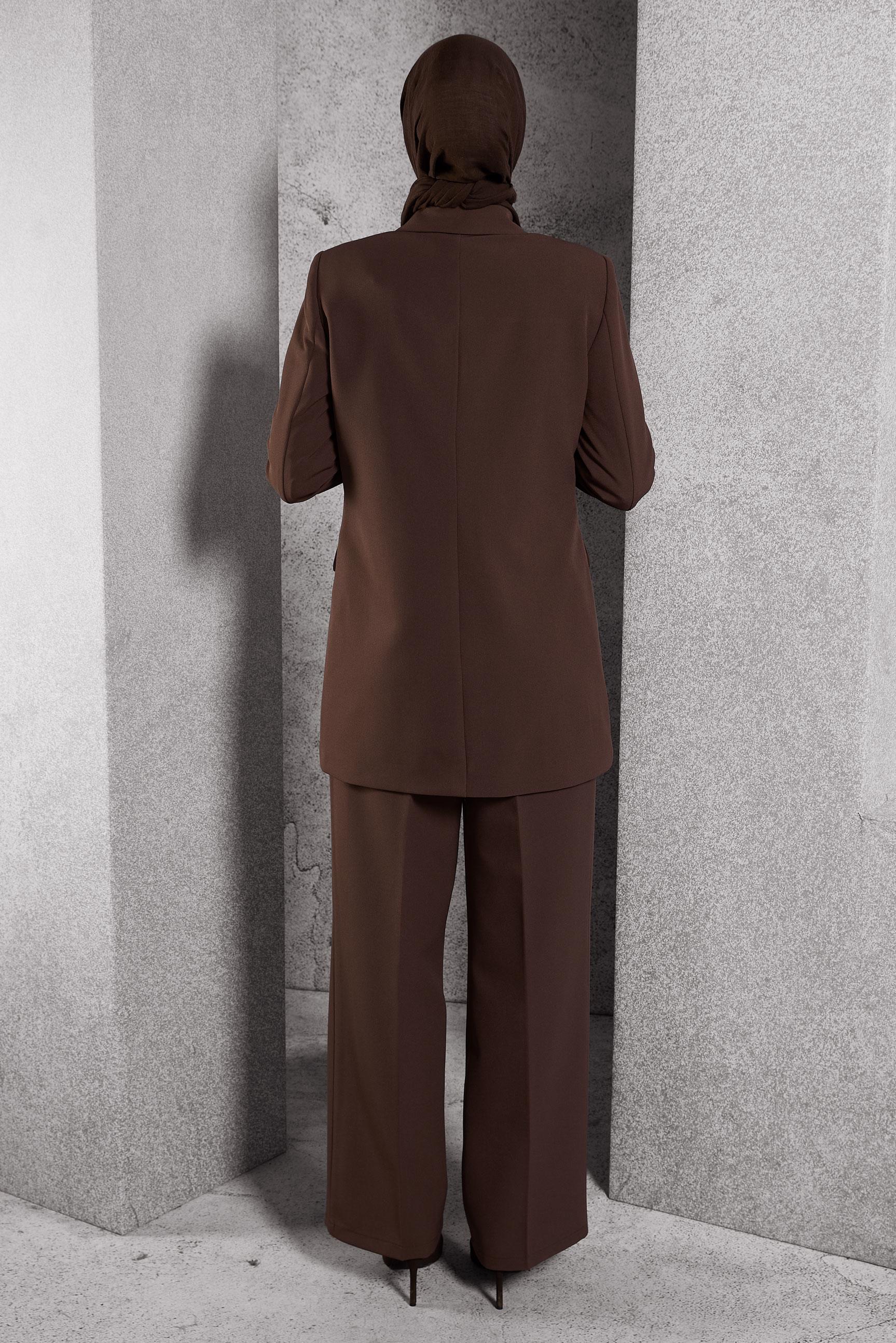 Tesettür giyim KAHVE KRUVAZE YAKA PANTOLONLU TAKIM 30508