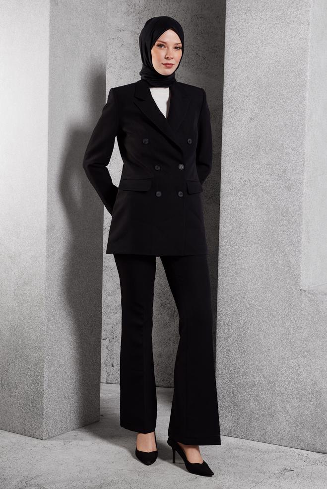Hijab clothing BLACK DOUBLE BREASTED PANTS SUIT 30509 - ALVİNA