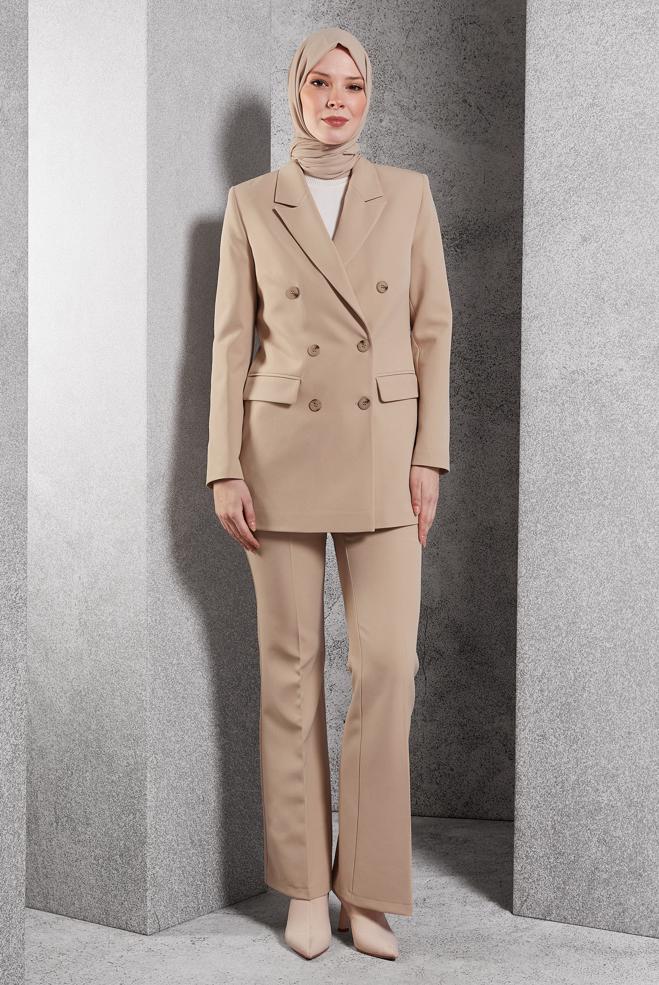 Hijab clothing BEIGE DOUBLE BREASTED PANTS SUIT 30509 - ALVİNA
