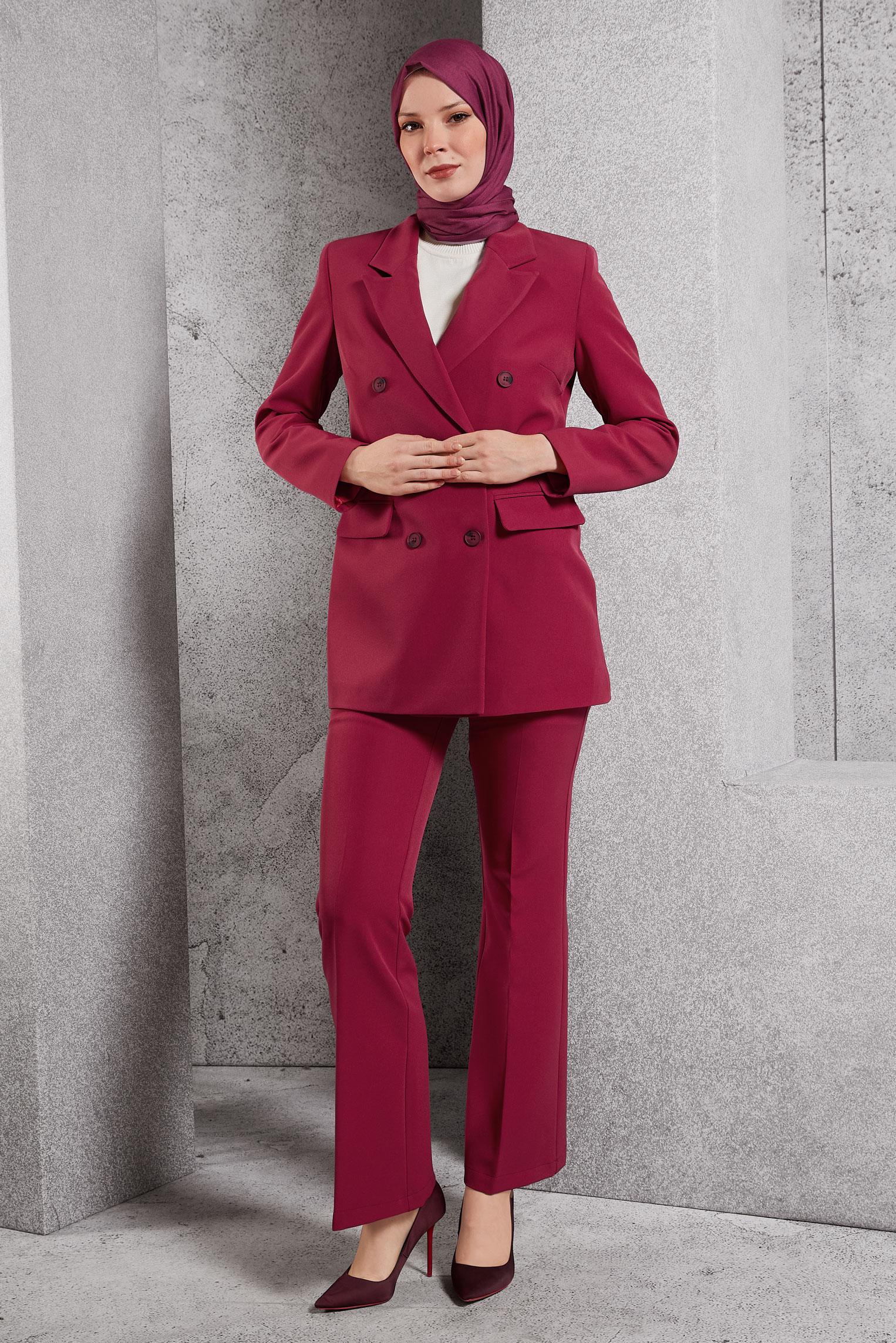 Hijab clothing FUCHSIA DOUBLE BREASTED PANTS SUIT 30509