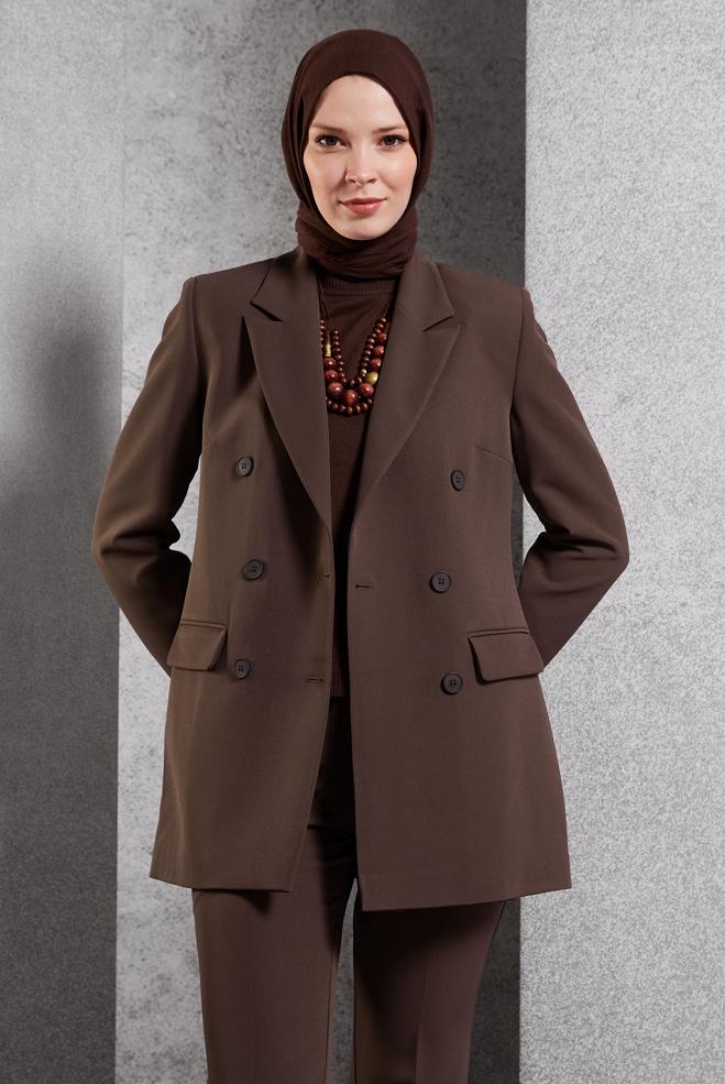 Tesettür giyim KAHVE KRUVAZE YAKA PANTOLONLU TAKIM 30509 - ALVİNA