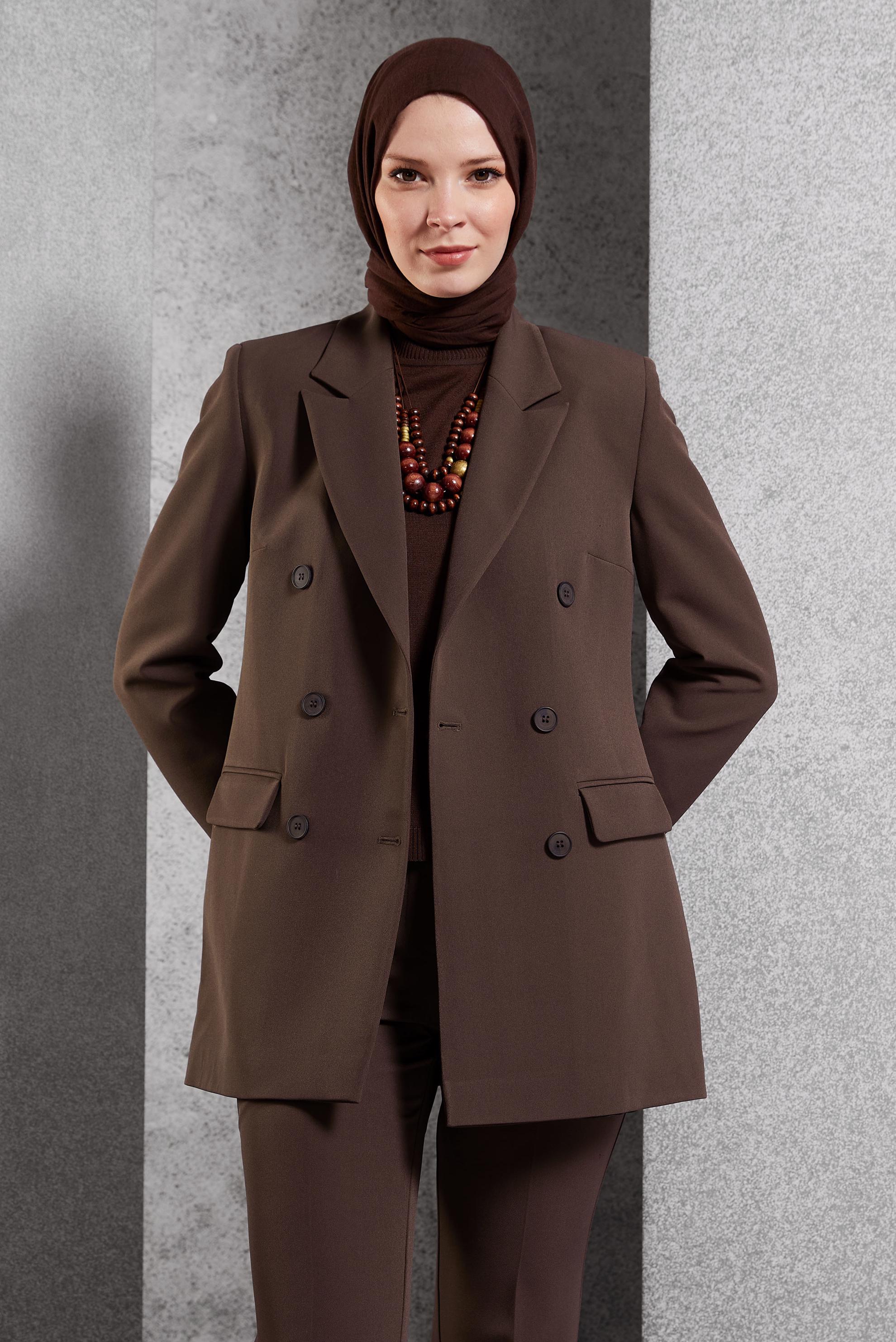 Tesettür giyim KAHVE KRUVAZE YAKA PANTOLONLU TAKIM 30509