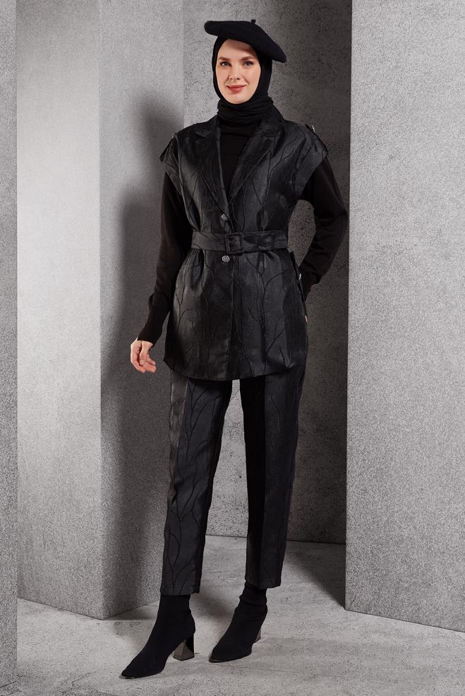 Tesettür giyim SİYAH PANTOLONLU JAKAR TAKIM 44735 - ALVİNA