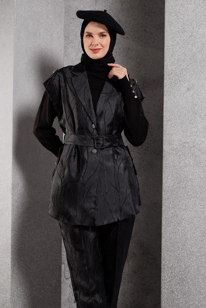 Tesettür giyim SİYAH PANTOLONLU JAKAR TAKIM 44735 - ALVİNA