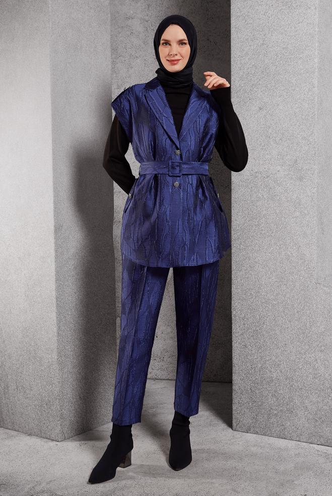 Tesettür giyim LACİVERT PANTOLONLU JAKAR TAKIM 44735 - ALVİNA