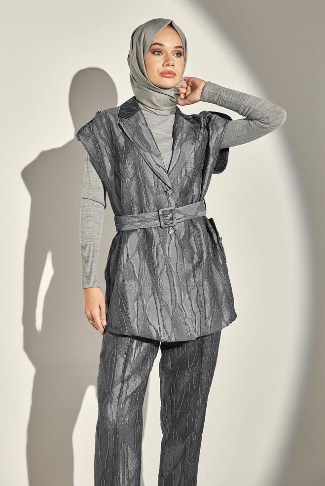 Tesettür giyim GRİ PANTOLONLU JAKAR TAKIM 44735 - ALVİNA
