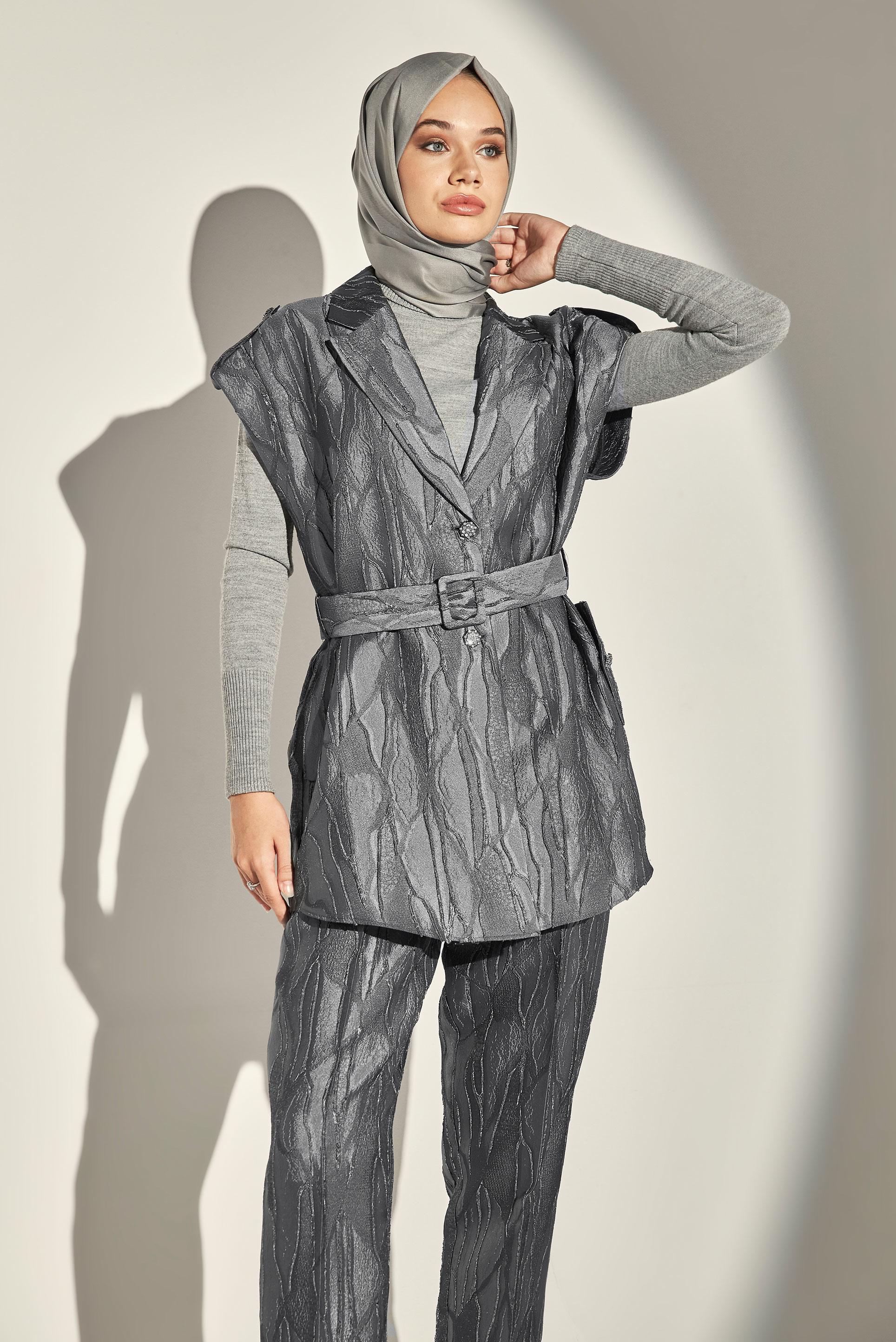 Tesettür giyim GRİ PANTOLONLU JAKAR TAKIM 44735