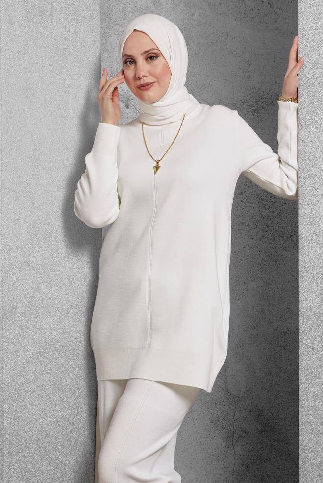 Hijab clothing WHITE KNITWEAR PANTS SUIT 44910 - ALVİNA