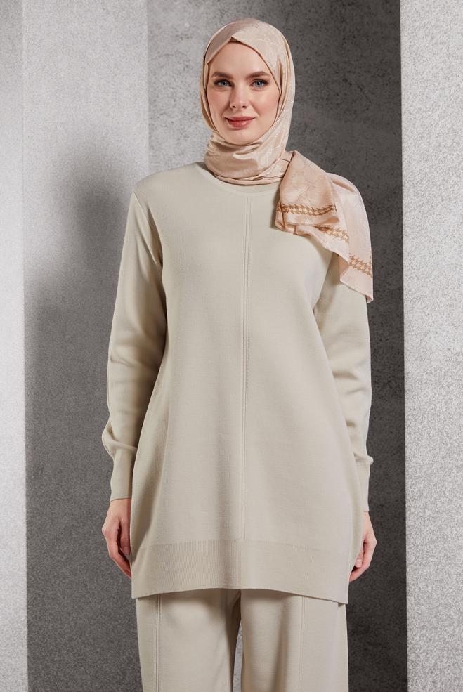 Hijab clothing BEIGE KNITWEAR PANTS SUIT 44910 - ALVİNA