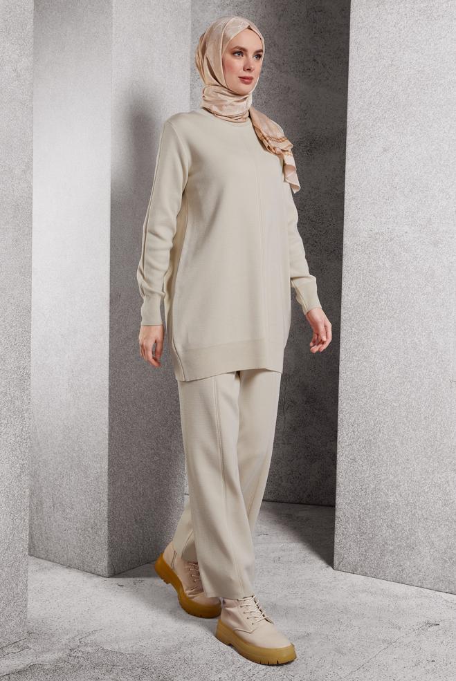 Hijab clothing BEIGE KNITWEAR PANTS SUIT 44910 - ALVİNA