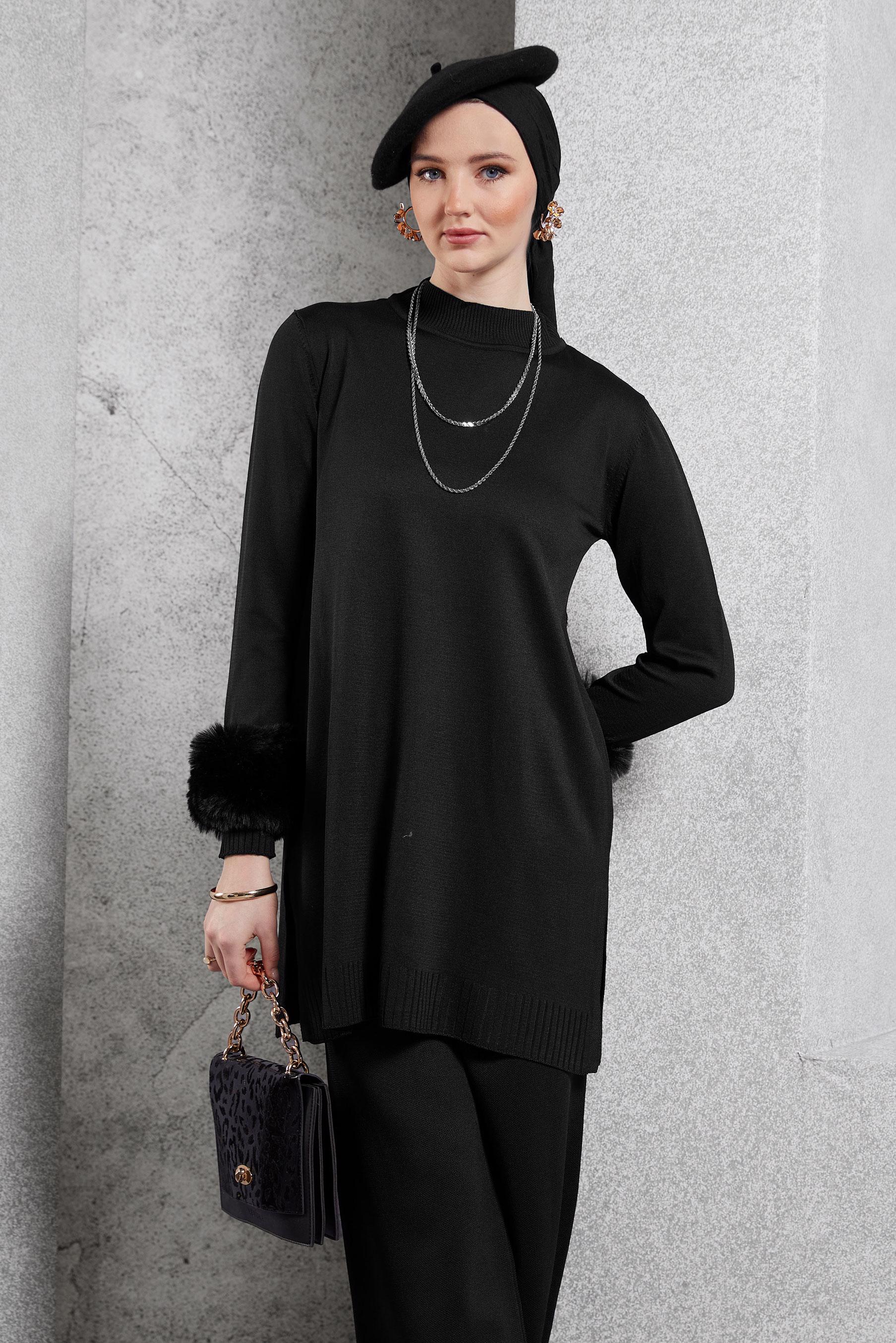 Tesettür giyim SİYAH KÜRK DETAYLI PANTOLONLU TRİKO TAKIM 44950