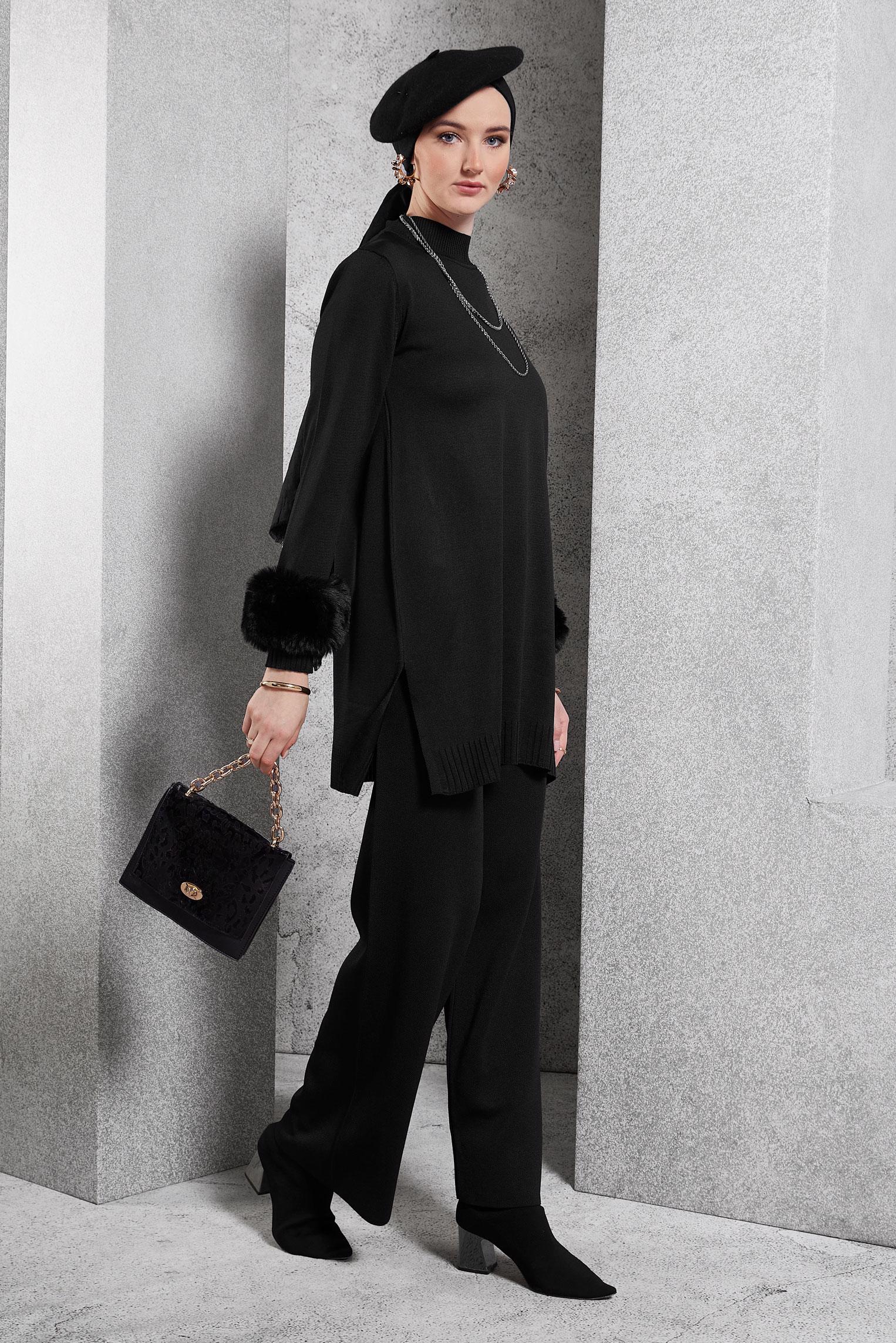 Tesettür giyim SİYAH KÜRK DETAYLI PANTOLONLU TRİKO TAKIM 44950