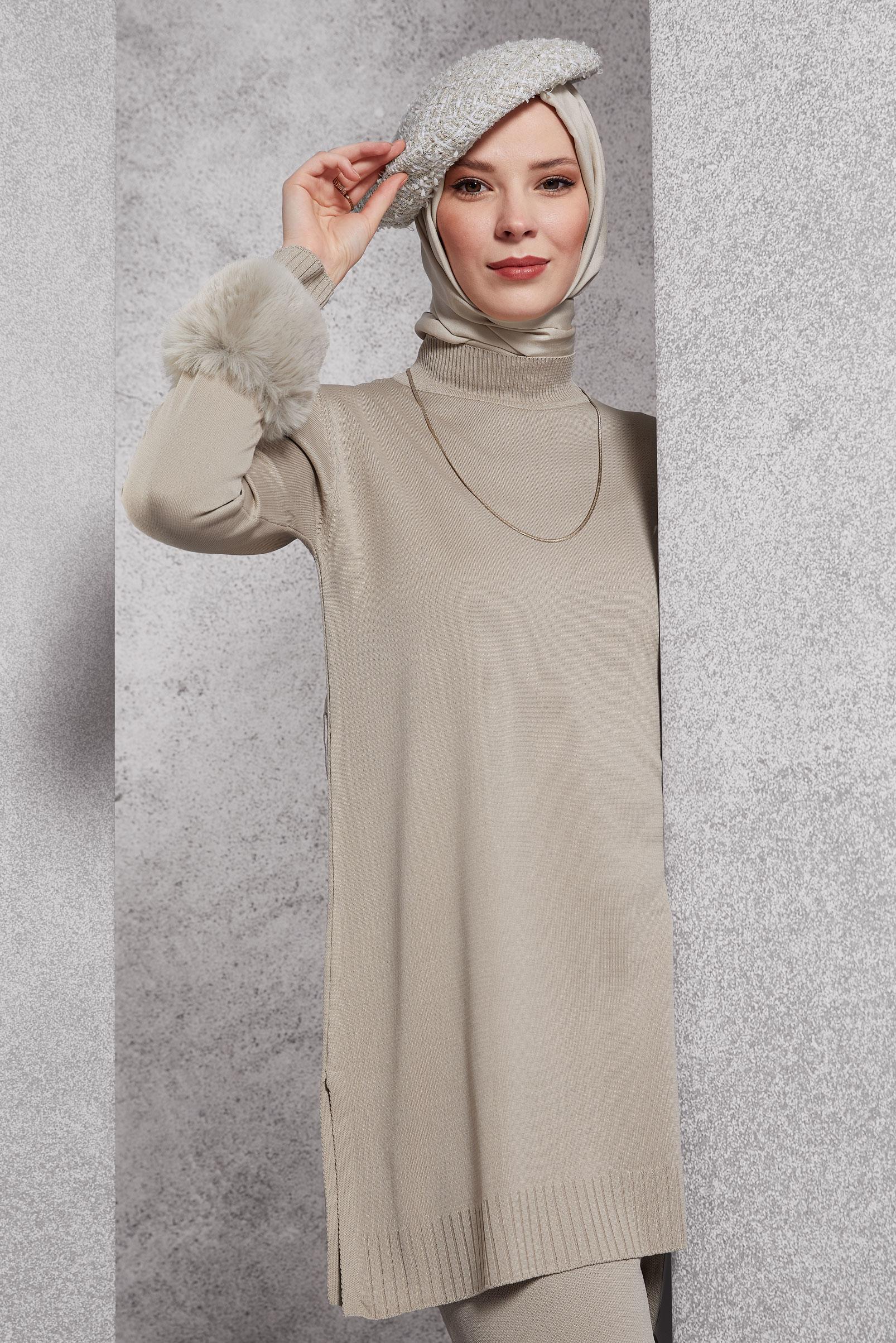 Tesettür giyim BEJ KÜRK DETAYLI PANTOLONLU TRİKO TAKIM 44950