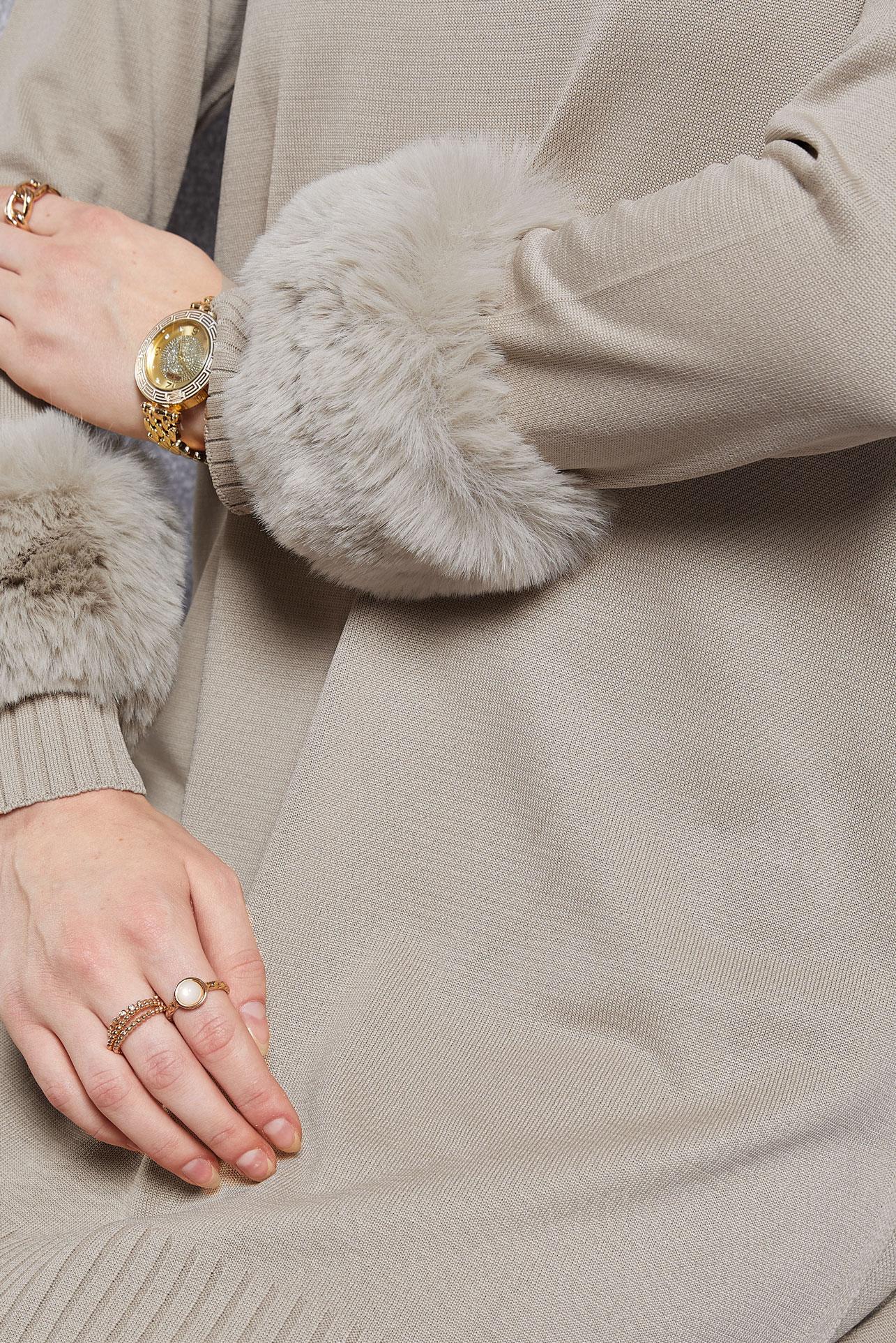 Tesettür giyim BEJ KÜRK DETAYLI PANTOLONLU TRİKO TAKIM 44950