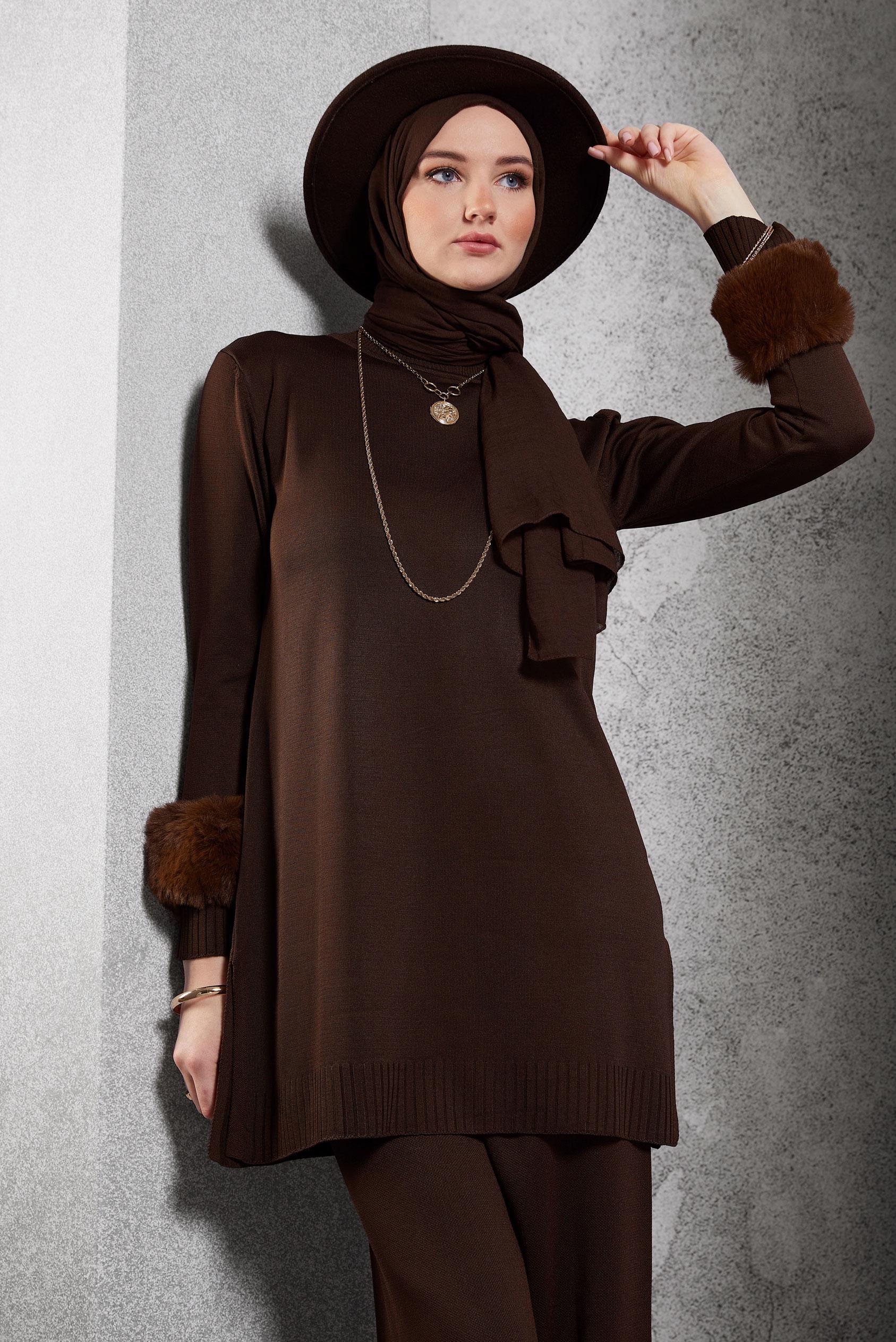 Tesettür giyim KAHVE KÜRK DETAYLI PANTOLONLU TRİKO TAKIM 44950