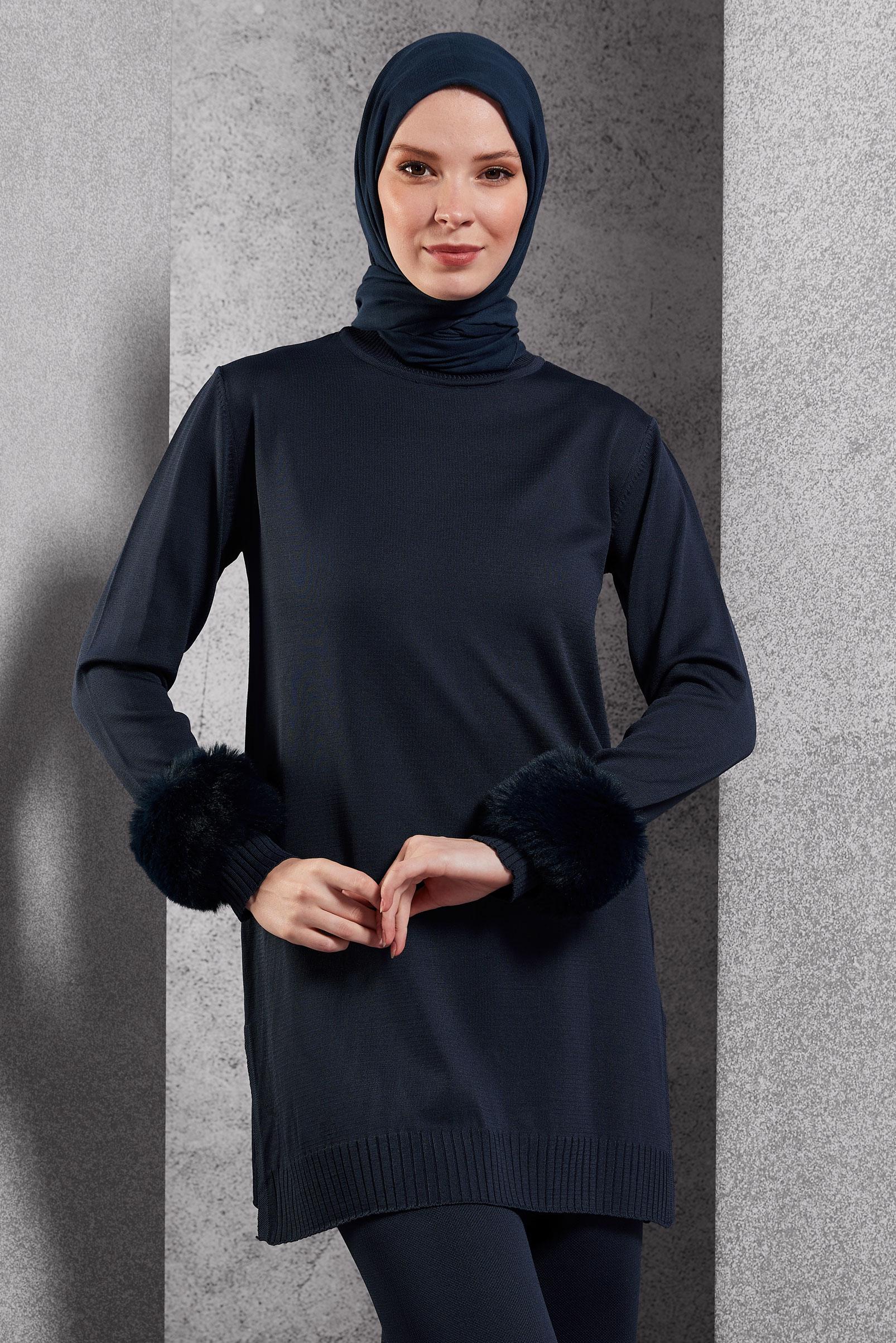 Tesettür giyim LACİVERT KÜRK DETAYLI PANTOLONLU TRİKO TAKIM 44950