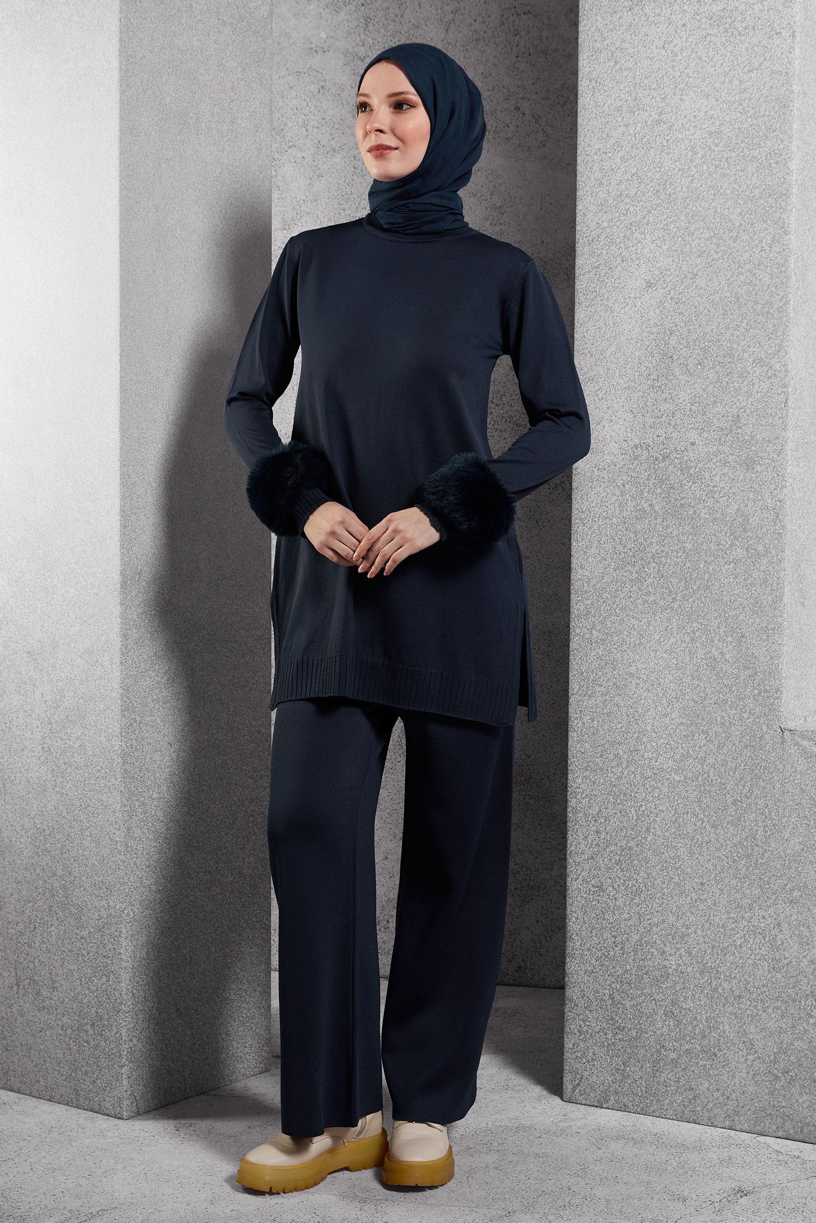 Tesettür giyim LACİVERT KÜRK DETAYLI PANTOLONLU TRİKO TAKIM 44950