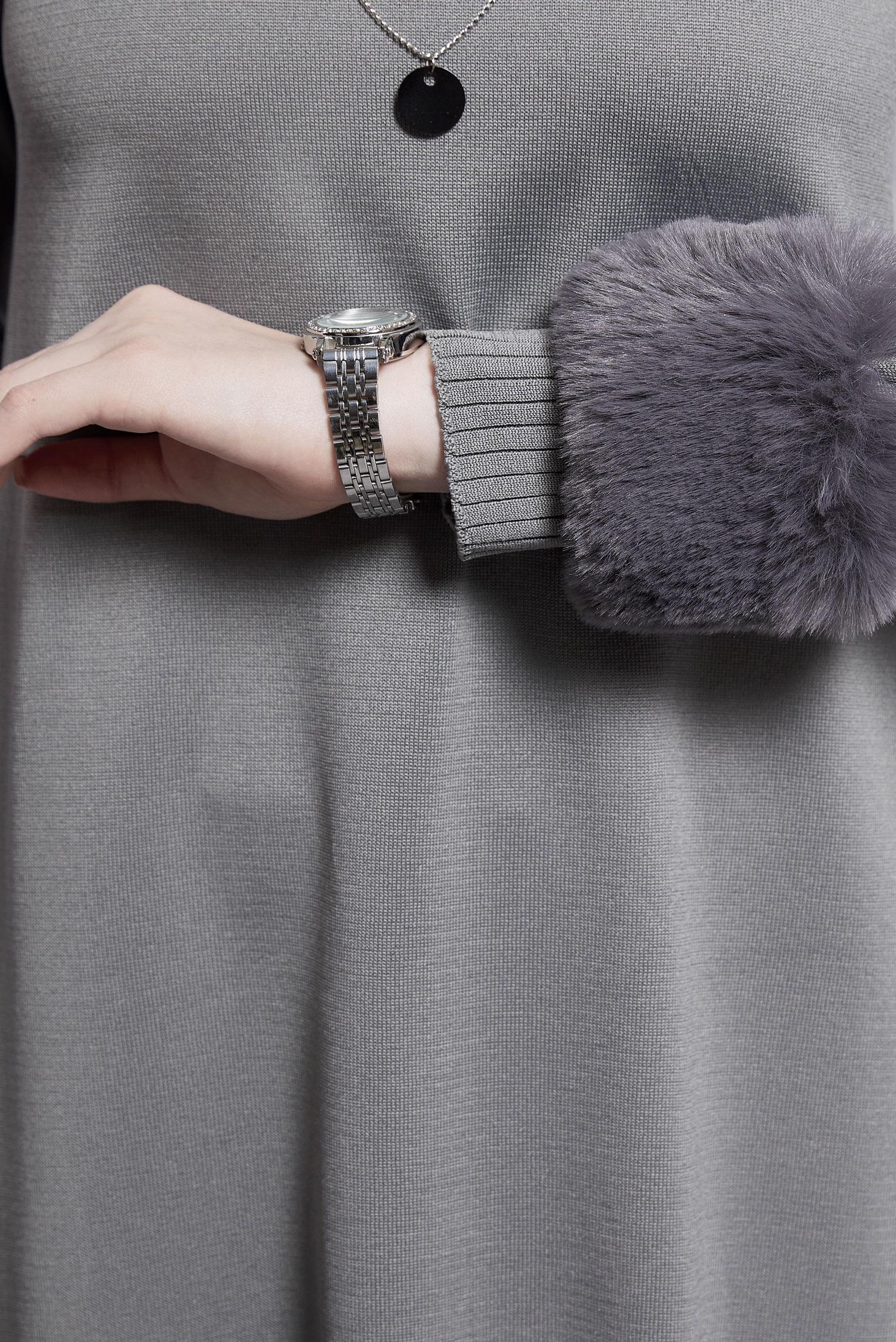 Tesettür giyim GRİ KÜRK DETAYLI PANTOLONLU TRİKO TAKIM 44950