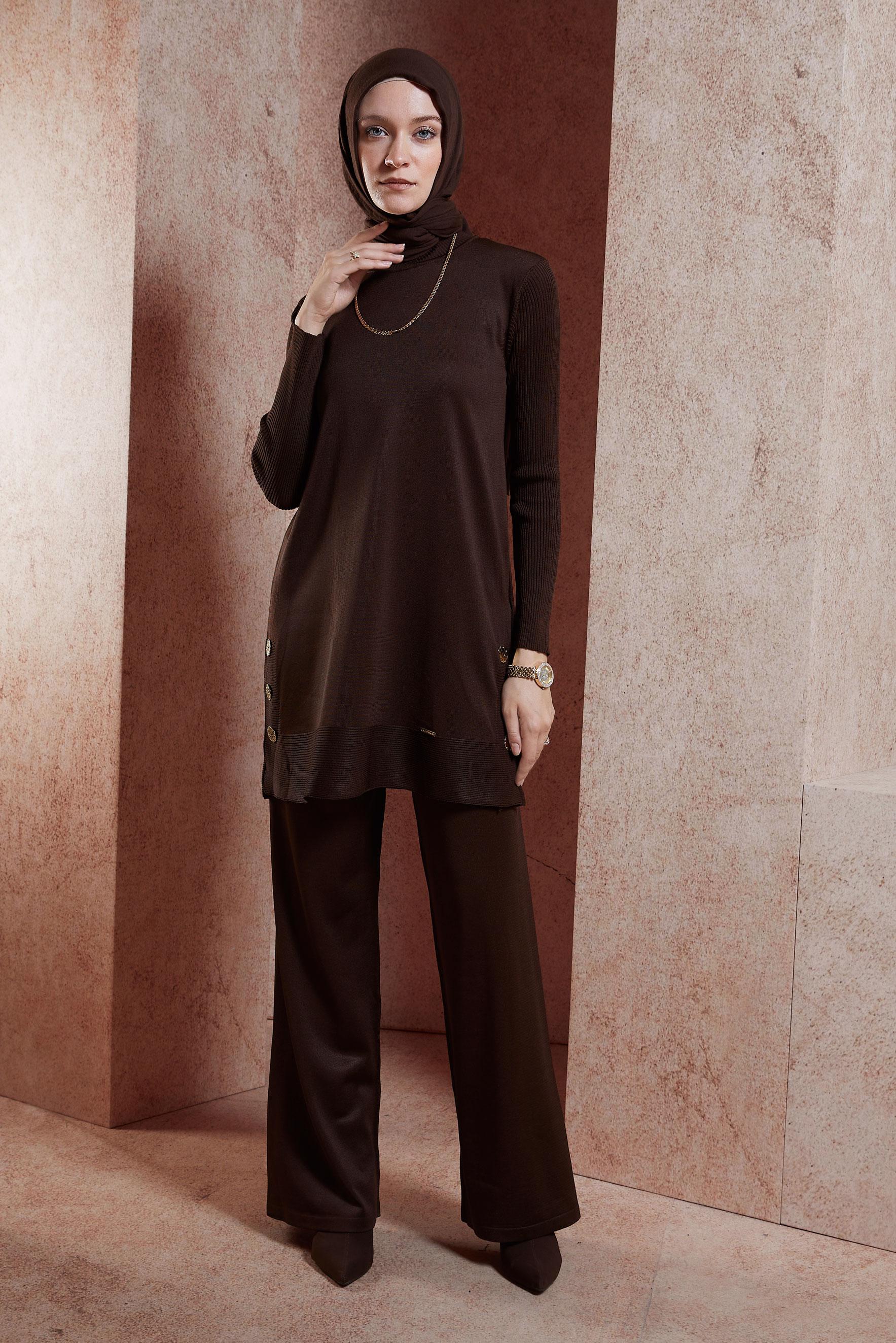 Tesettür giyim KAHVE PANTOLONLU TRİKO TAKIM 44951