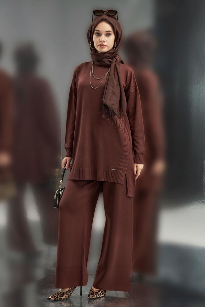 Vêtements hijab BRUN COSTUME PANTALON EN MAILLE 44954 - ALVİNA