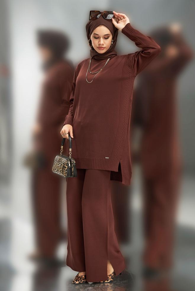 Vêtements hijab BRUN COSTUME PANTALON EN MAILLE 44954 - ALVİNA
