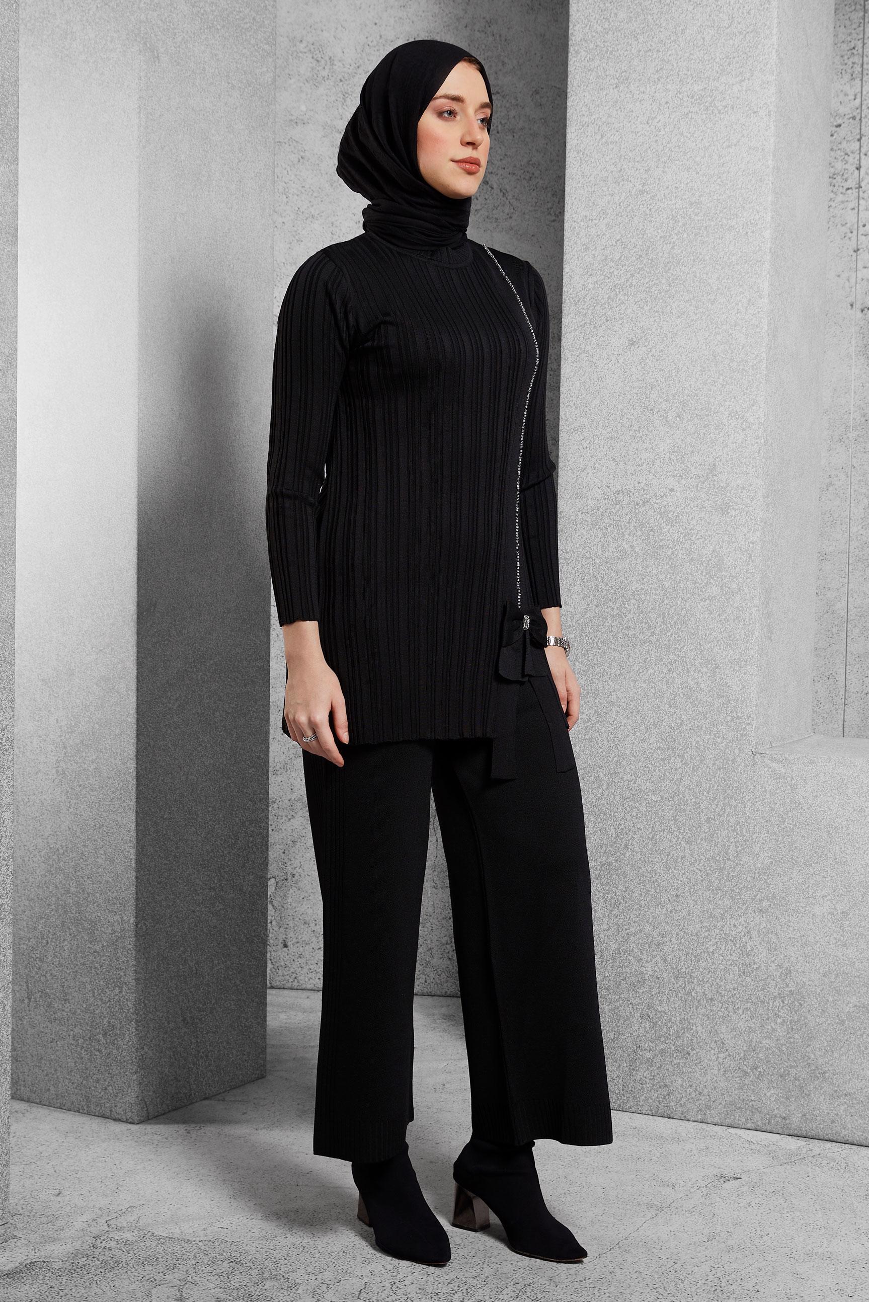 Tesettür giyim SİYAH TAŞ BASKILI PANTOLONLU TAKIM 44955